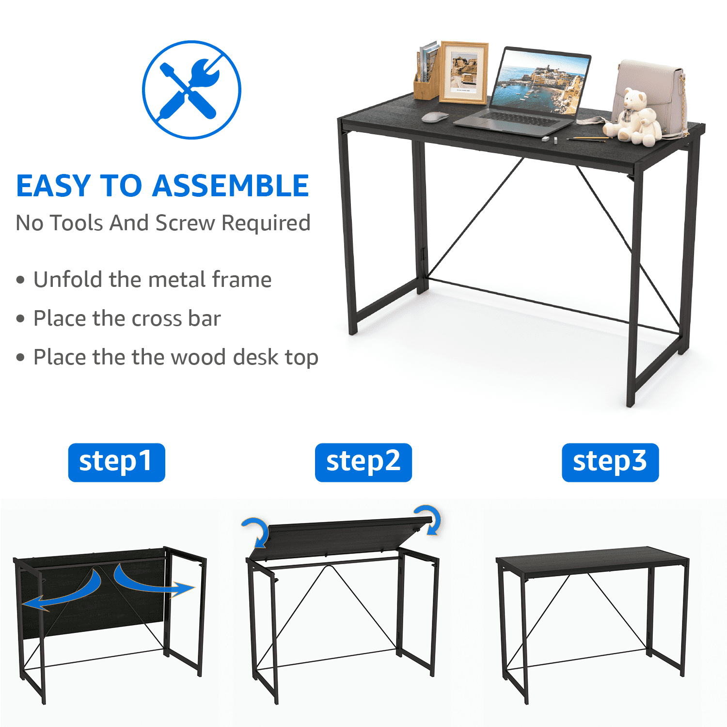 Mainstays Black Frame Folding Desk with Black Grained Top,Adult