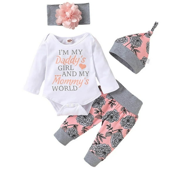 XBASW Infant Baby Girls Onesies 4PCS Set Fall Romper Pants Headband Hat Clothes Girls Outfit 0-18M