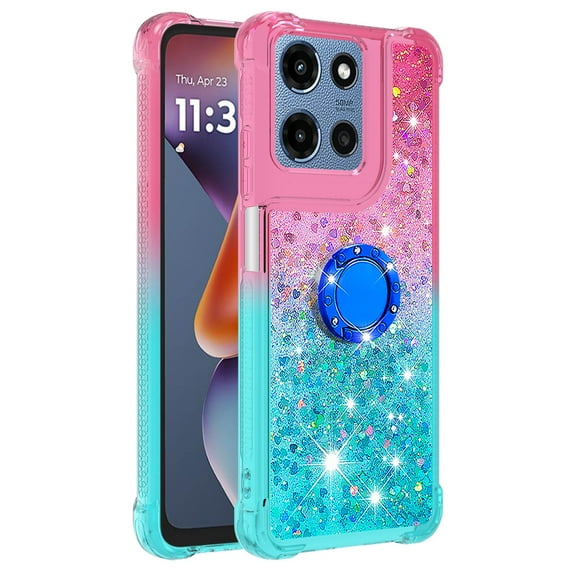 Phone Case for MOTO G 5G 2025 Case with Ring Kickstand, Cute Glitter Bling Sparkle Quicksand Flowing Liquid Clear Gel Silicone ShockProof Cover for MOTO G 5G 2025 Girls-B3