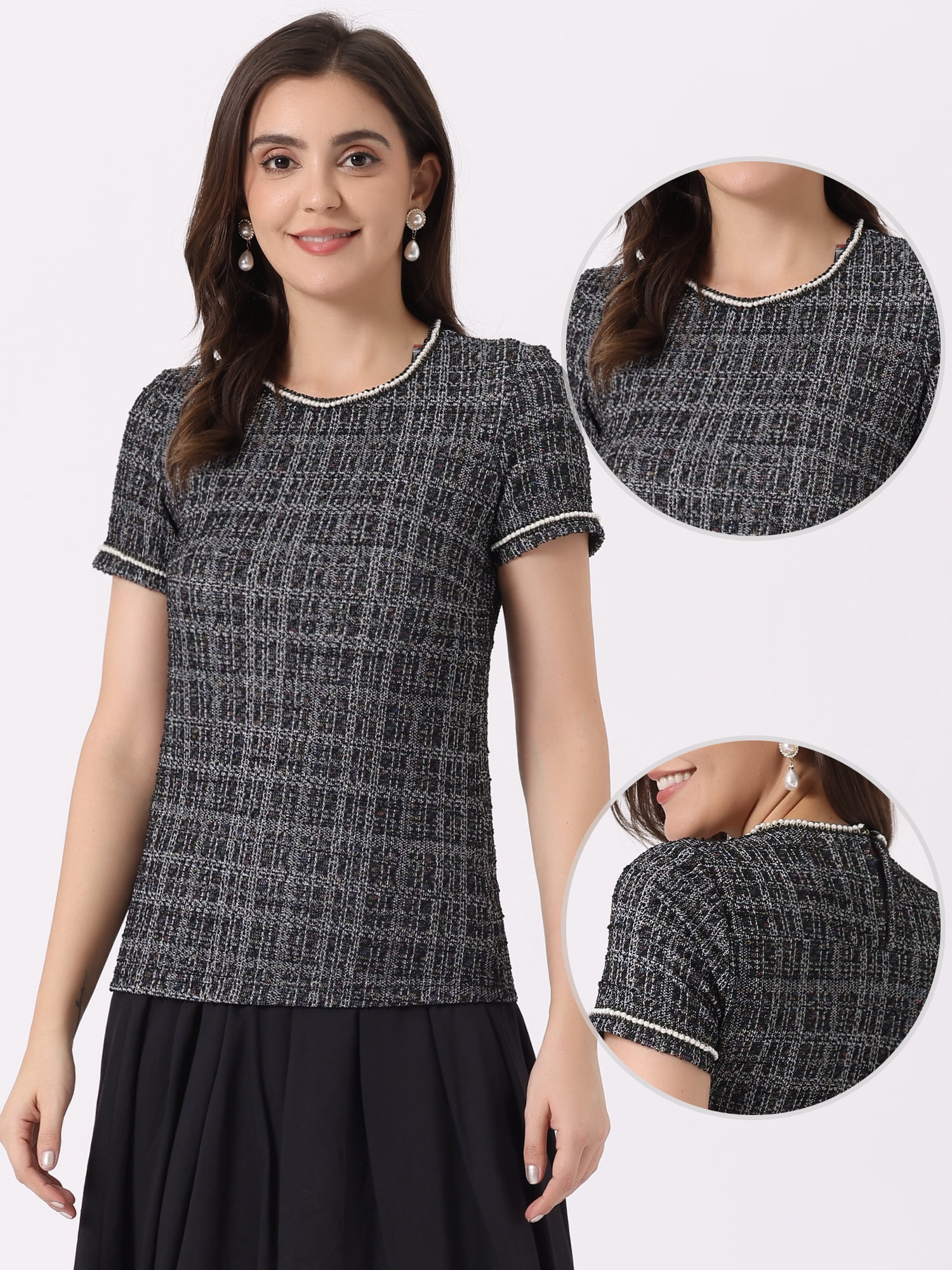 DARING DIVA Women's Round Neck Short Sleeve Tweed Top L Black White