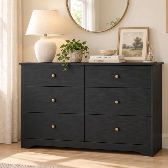 Ktaxon 6 Drawer Double Dresser Wood Dresser Storage Cabinet Drawer Organizer Chest of Drawers, Black