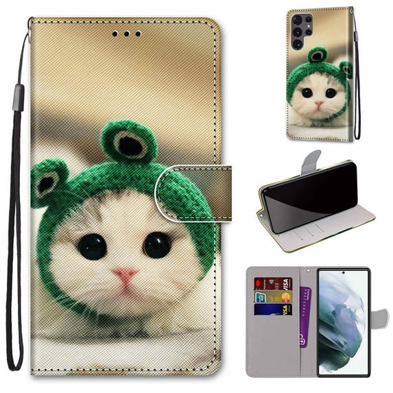 SaniMore for Samsung Galaxy S23 Ultra 2023 PU Leather Case with Card Slots Detchable Lanyard Color Painting Luxury Pattern Flip Kickstand Shcokproof Wallet Case For Galaxy S23 Ultra, Hat Cat
