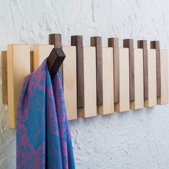 Coat Rack Wall Mounted with 8 Folding Hooks, Magnetic Retractable Wall Coat Rack for Entryway, Heavy Duty 45° Anti-Slip Hangers for Hats Bags Towels, Carbonized Pine Wood