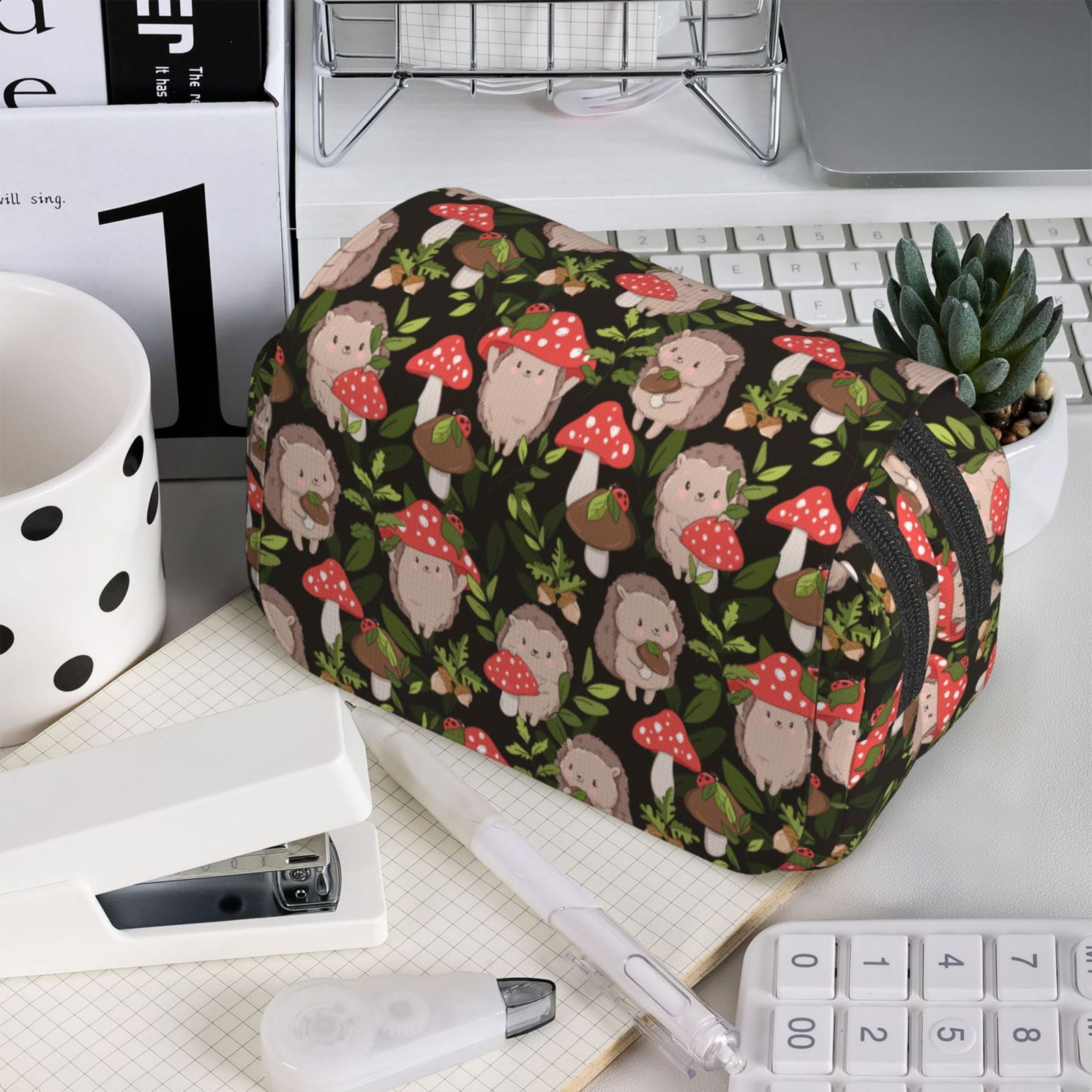Rateoe Edgehog and Mushrooms Pattern Double Clamshell Pen Case, Storage Organizer with Two Zipper Compartments– Holds Up to 50 Pencils & Pens