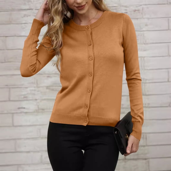HongQid Women Long Sleeve Button Up Ribbed Knit Cardigan Slim Fit Round Neck Sweater Fall Going Out Tops