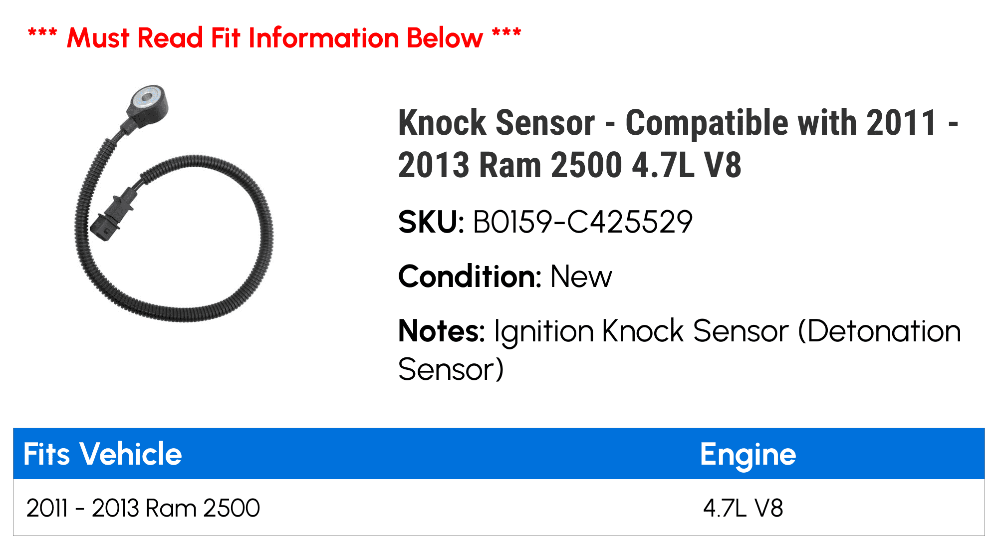 Knock Sensor - Compatible with 2011 - 2013 Ram 2500 4.7L V8 2012