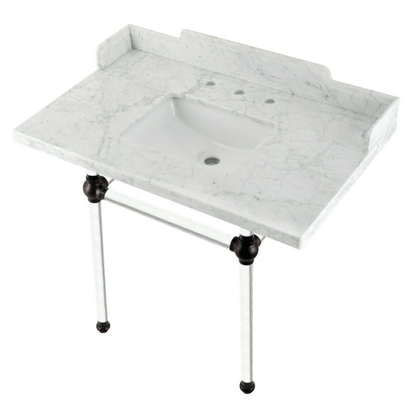 Kingston Brass LMS3630MASQ5 Pemberton 36" Carrara Marble Console Sink with Acrylic Legs (8-Inch, 3-Hole), Carrara Marble White/Oil Rubbed Bronze