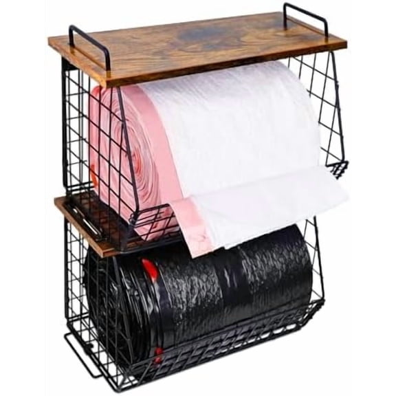 2 Pack Stackable Extra Large Trash Bag Holder Under Sink, Wall Mounted Garbage Bag Dispenser Roll Holder for 13/33 Gallon Trash Bags, Kitchen/Pantry/Laundry Room Organization Basket Storage Bin