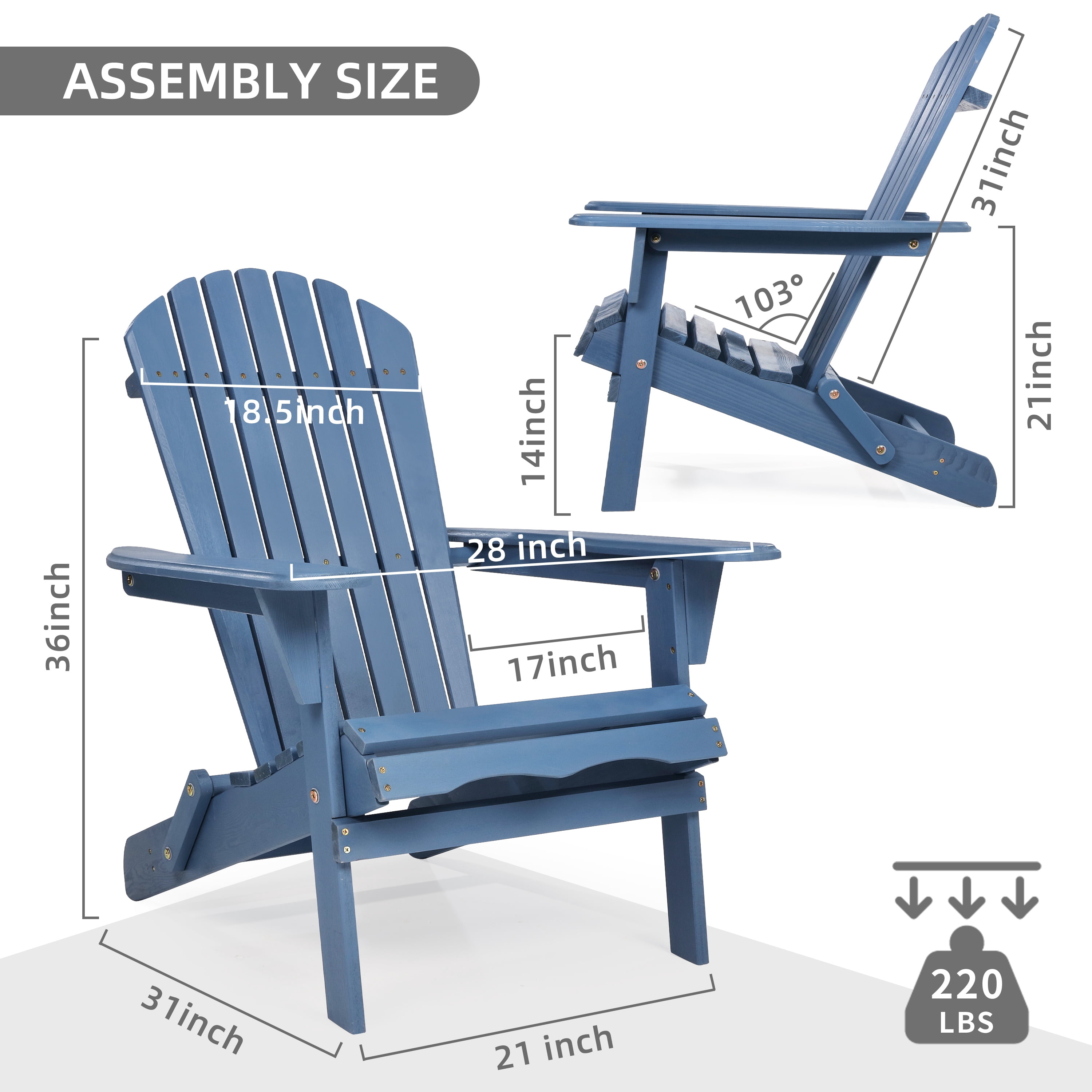 D-road Half Pre-Assembled Folding Adirondack Chair, Outdoor Wood Patio Chair for Backyard/Pool/Beach,Dark Blue