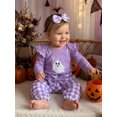 thumbnail image 4 of RUINIXCW Newborn Baby Girl Halloween Outfit Infant Girls Fall Winter Clothes Ghost Embroidery Long Sleeve Romper with Plaid Pants Headband Set, 4 of 10