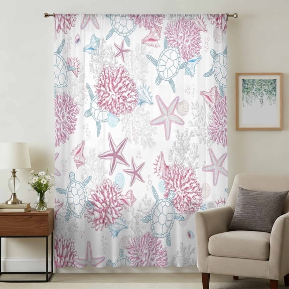Pink Blue Coastal Sheer Curtains 54" Long, Summer Beach Coral Sea Turtle Starfish Light Filering Curtains, Breathable Simi Curtain Privacy Drapes for Kitchen Bathroom Nursery Small Window Treatment