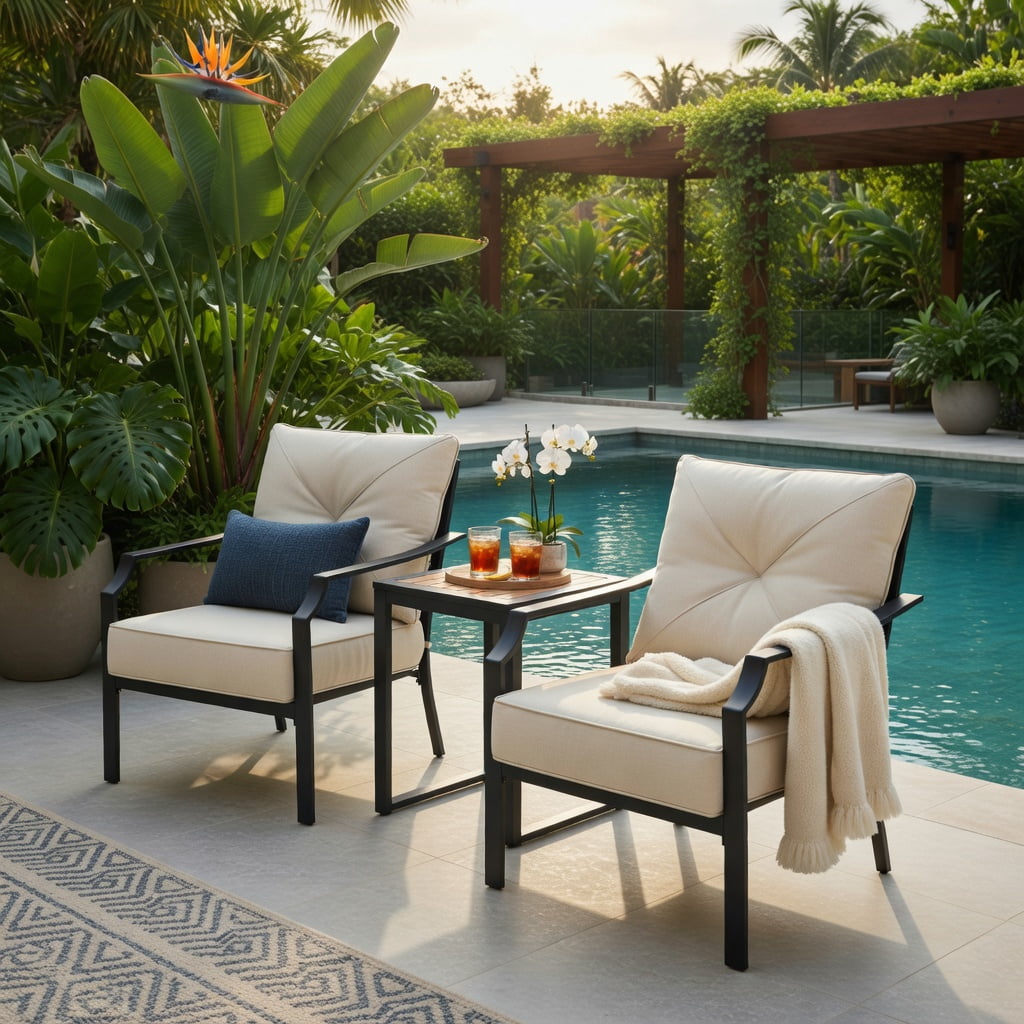 Hommoo 2-Piece Outdoor Dining Chairs Set with Padded Cushions, Black Steel Frame, Rust-Resistant Patio Chairs for Backyard, Garden & Balcony, Beige