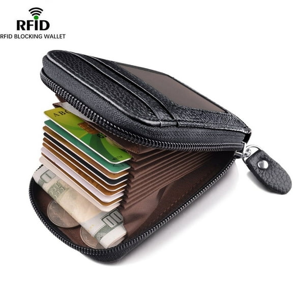Portefeuille pour Hommes en Cuir Véritable Titulaire de la Carte de Crédit RFID Bloquant la Fermeture Éclair Poche Mince