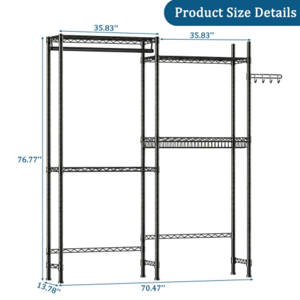 Over Washer and Dryer Storage Rack, 4-Tier Laundry Room Organizer with 3 Wire Shelves, Hanging Rod, Metal Basket & Rotating Hooks, Adjustable Heavy Duty Shelving, Black