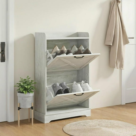 Resenkos Farmhouse Slim Shoe Storage Cabinet - 2 Flip Drawers, Adjustable Shelves Holds 8 Pairs , Distressed White