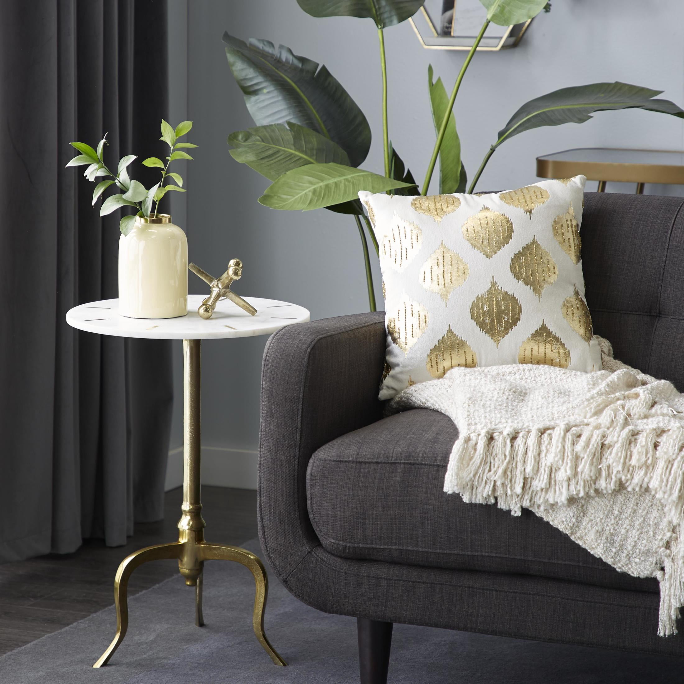 DecMode 18" x 25" White Marble Accent Table with Gold Inlay and Scrolled Base, 1-Piece