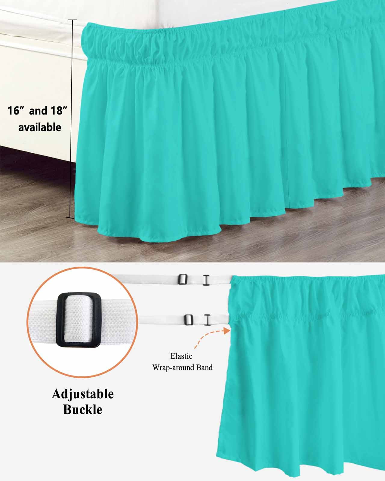 Turquoise Wrap Around Bed Skirts for Queen Bed 16" Drop, Bed Skirt with Adjustable Elastic Belt Dust Ruffle Bed Valance for Bedroom Hotel Luxury Modern Pure Turquoise Bed Frame Cover