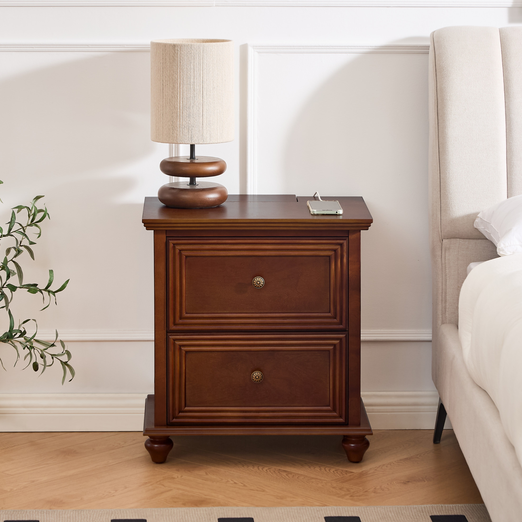 GDF Studio 22.9" Mid Century Modern Nightstand with Charging Station, 2 Drawers & Outlet, Walnut