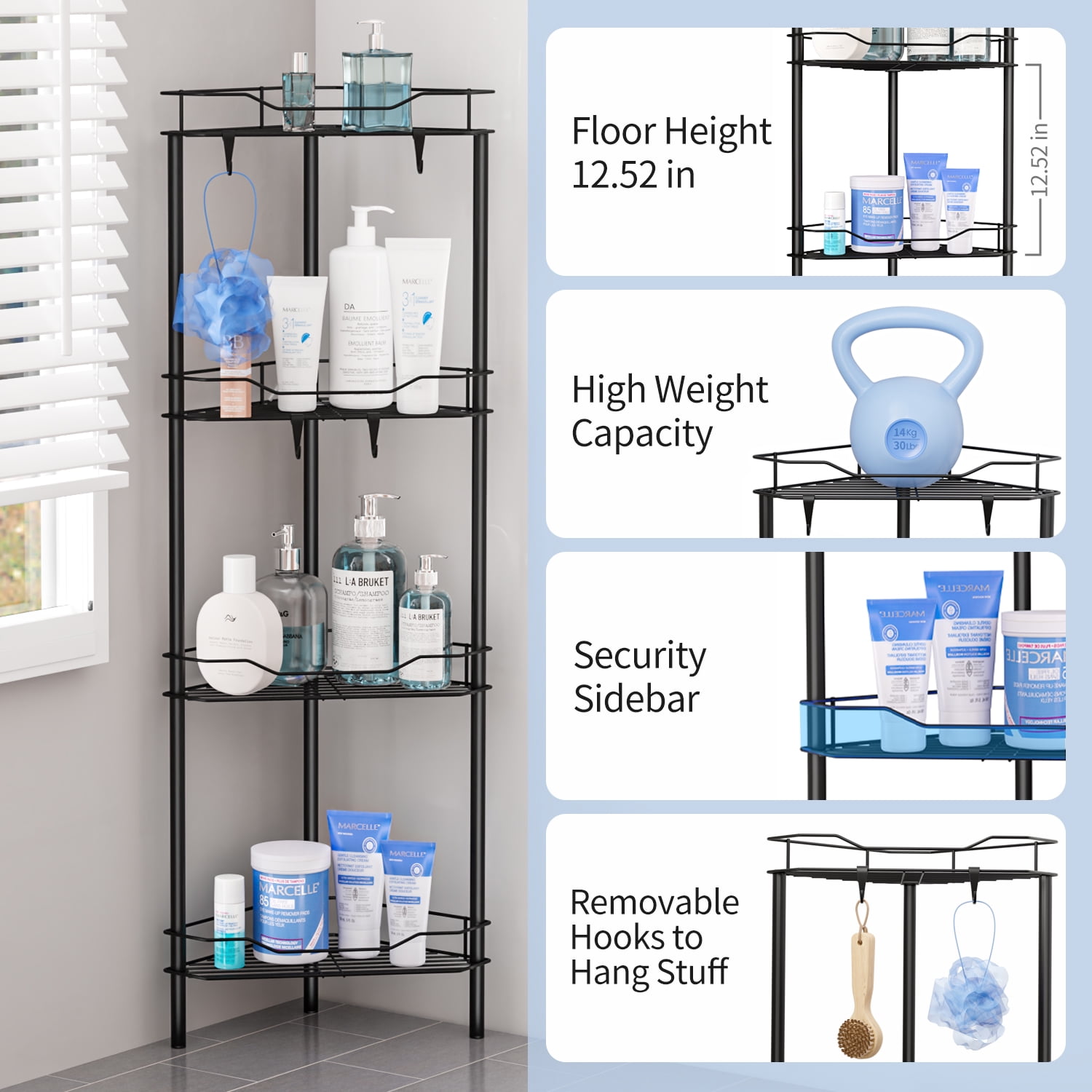 TINANA Corner Shower Caddy: 4 Tier Corner Shelf Organizer, Floor Standing Shower Caddy for Bathroom, Rest Room, Black