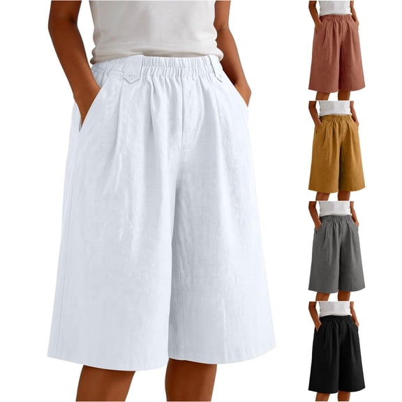 Gyujnb Women Summer Cotton Linen Bermuda Shorts Elastic Waist Pleated Loose Knee‑Length Shorts with Side Pockets,White