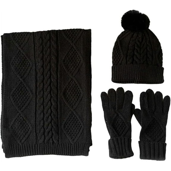 Warm Knit Beanie Hat Scarf and Gloves For Women Skull Cap With Pom Long Scarf Touch Screen Gloves Soft Winter Knit Set
