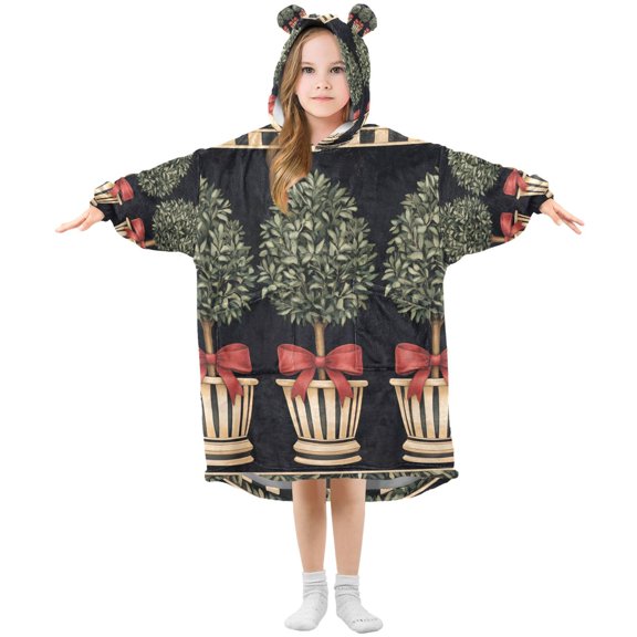 FORMRS Wearable Blanket Hoodie with Sleeves for Kids Cozy Flannel Sweatshirt, Beige Striped Trees