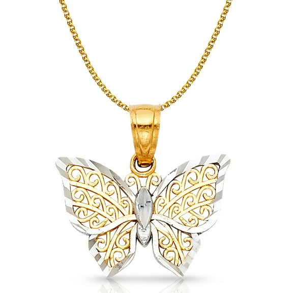 14K Two Tone Gold Fancy Monarch Butterfly Charm Pendant with 1.2mm Flat Open Wheat Chain Necklace - 16"