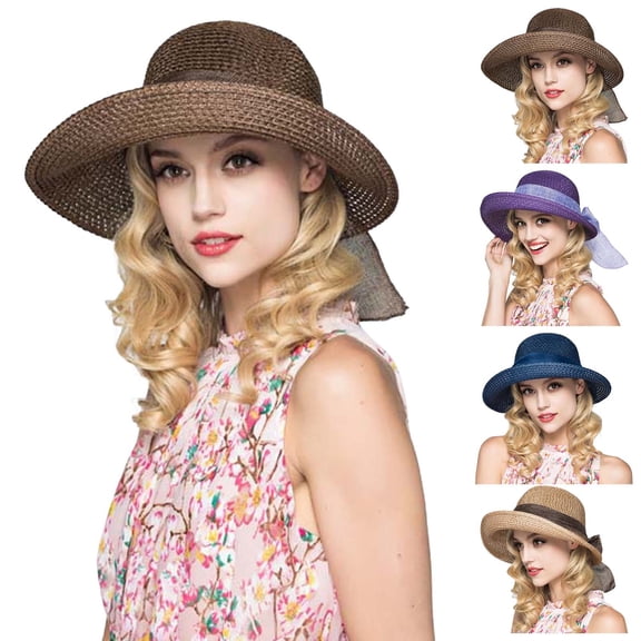Women's Sun Hat, Wide Brim Bowknot Beach Hat, Foldable Straw Sun Hat for Women with UPF 50 Protection, Summer Sunshade for Outdoor, Beach, Travel and Gardening-Blue