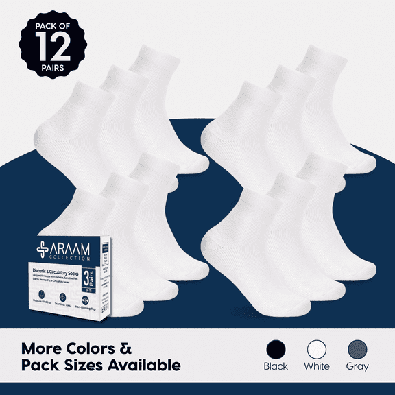 Araam Collection Diabetic Crew Socks - Non-Binding Cotton Diabetic Socks for Men and Women - 12 pairs, White (Size 9-11)