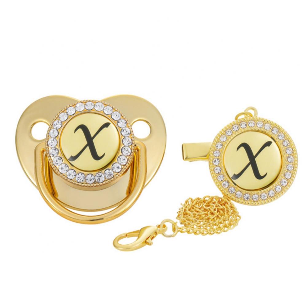 Baby Pacifier and Clip Set Gold Personalized Name Glitter Crystal