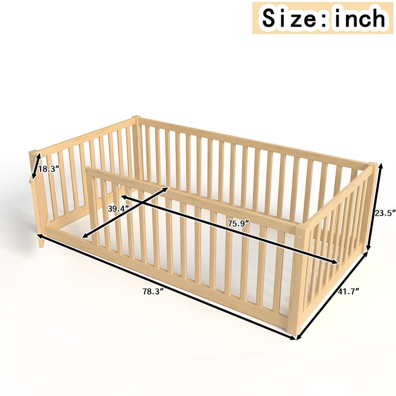 Bellemave Twin Montessori Bed Frame, Wood Twin Size Floor Bed with High Fence Rails, Twin Beds Frame for Bedroom Playroom (Natural)