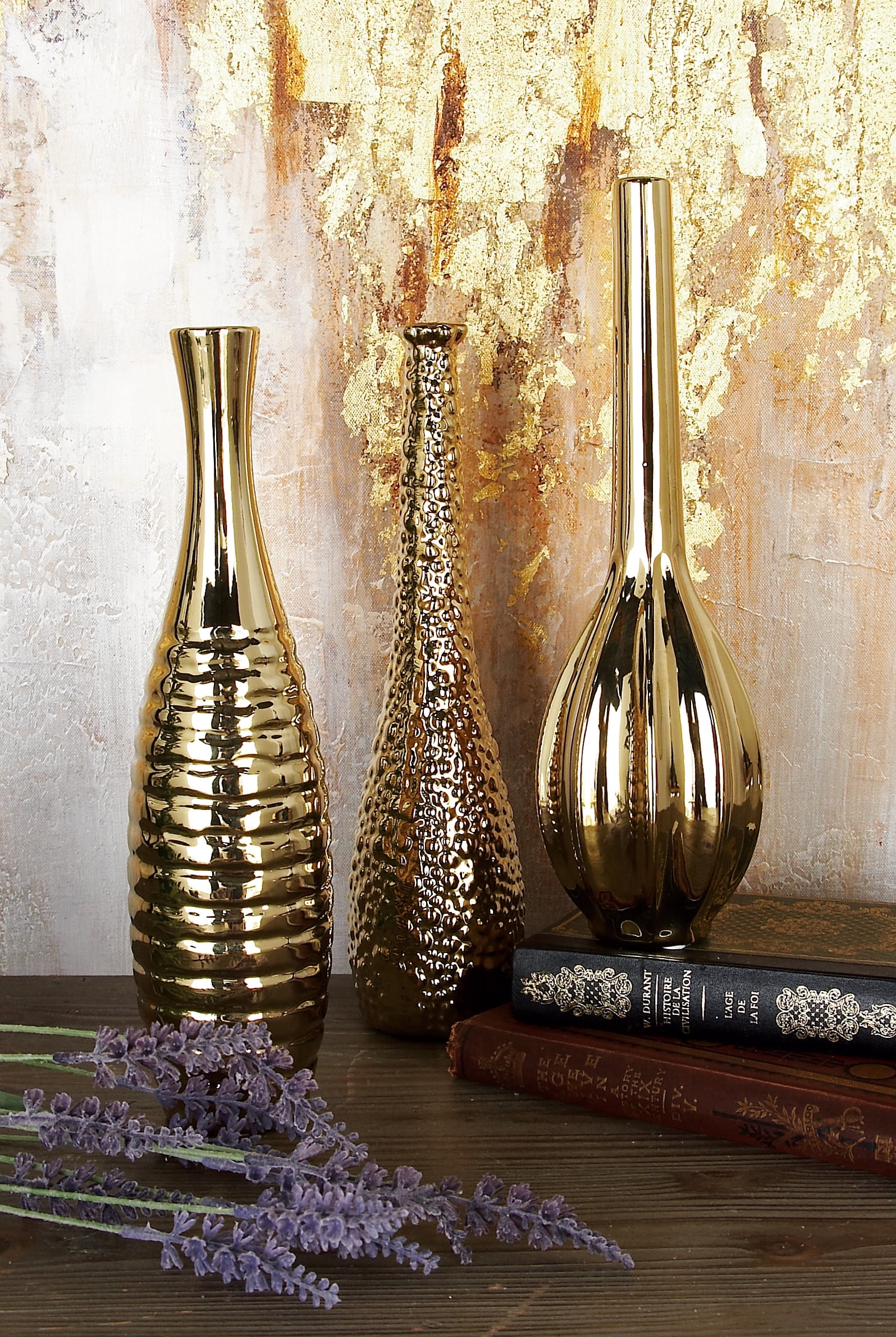 DecMode Electroplated Gold Ceramic Bud Vases, Set of 3 12” Each