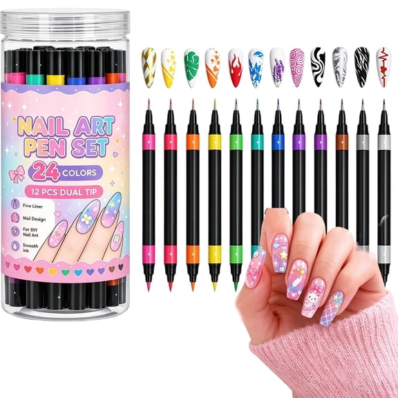 Nail Pens, 24 Colors Dual Ended Nail Art Pens Set, Fine Liner & Brush Tips, Smooth Quick-Dry Ink for DIY Manicures