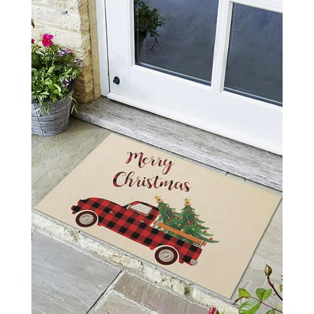 

Indoor Outdoor Mats Merry Christmas Red Lattice Truck with Christmas Tree Door Mat Non-Slip Absorbent Resist Dirt Entrance Mat Washable Welcome Mats for Entryway Low-Profile Floor Mats
