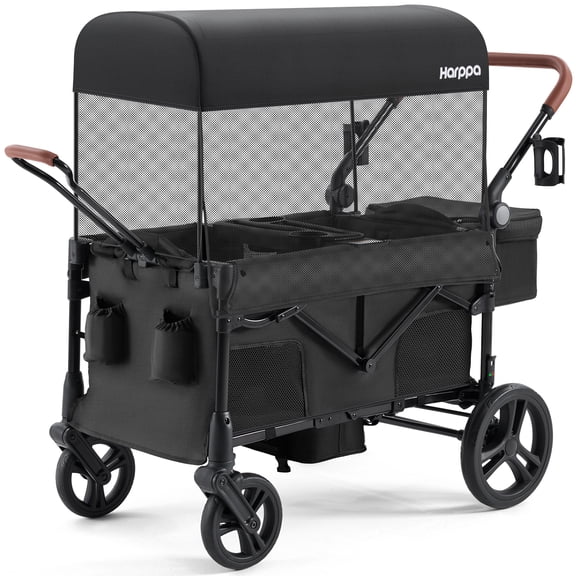 HARPPA Foldable Wagon Stroller for 2 Toddlers with Pull & Push Handle, Canopy, 32.9lbs, Black