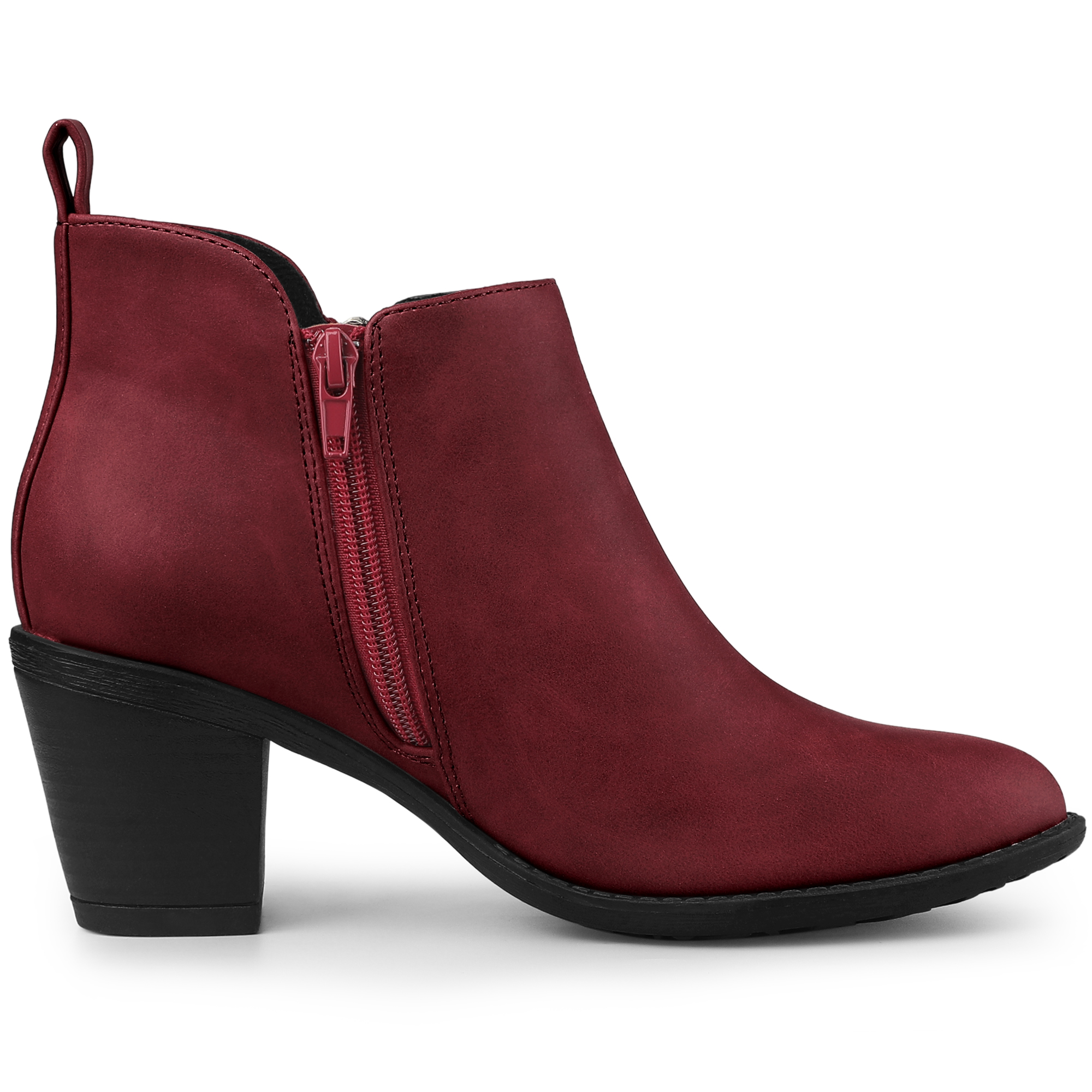 Unique Bargains Women's Low Chunky Heel Zipper Western Ankle Booties Maroon 7