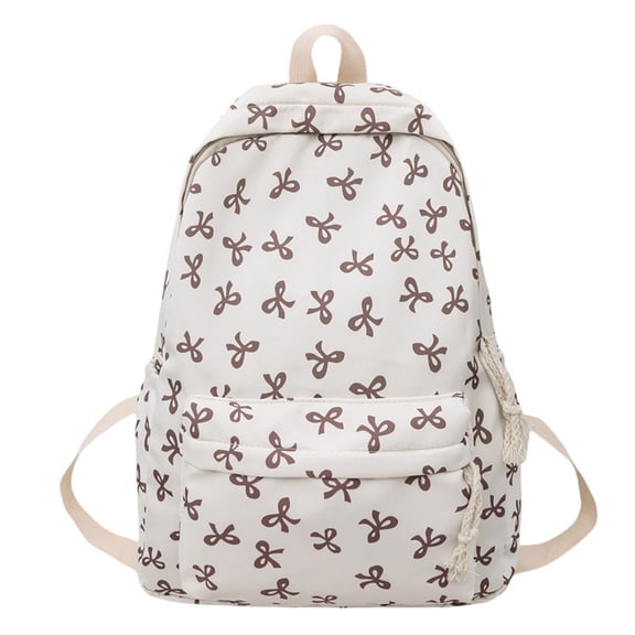 All Over Mini Bow Print Backpack Front Bow Decor Multi Pocket Lightweight Waterproof Casual Back To School Daypack