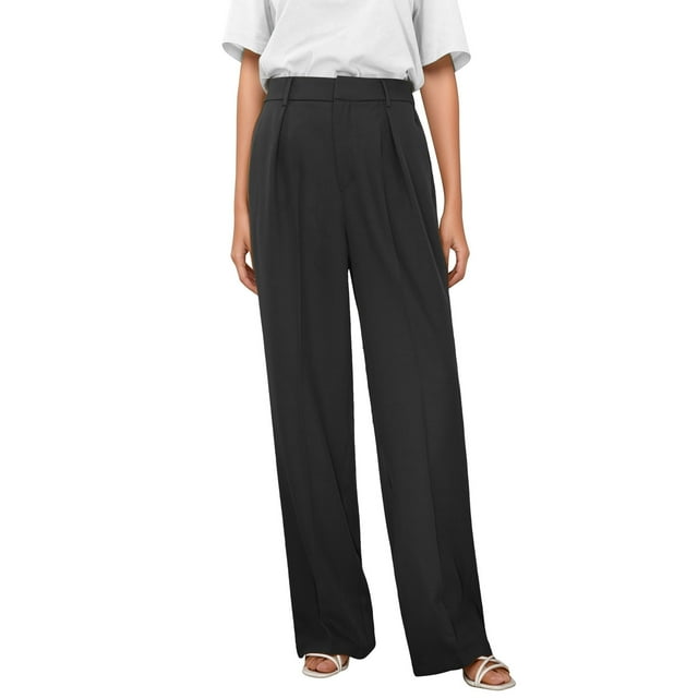 Pantalones de trabajo de mujer, de pierna ancha y cintura alta - Poliéster y spandex, estilo informal de negocios, bolsillos delanteros plisados, ropa para la oficina y las vacaciones