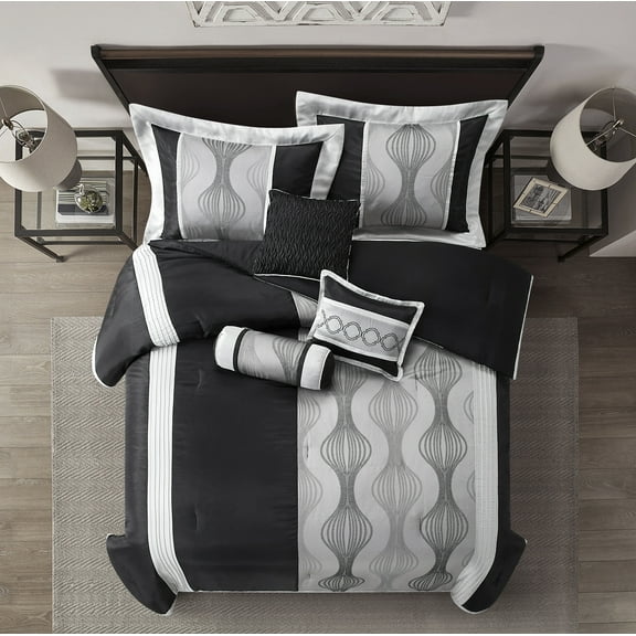 Nanshing Kath 7 Piece Luxury Contemporary Comforter Set, Black Silver, California King