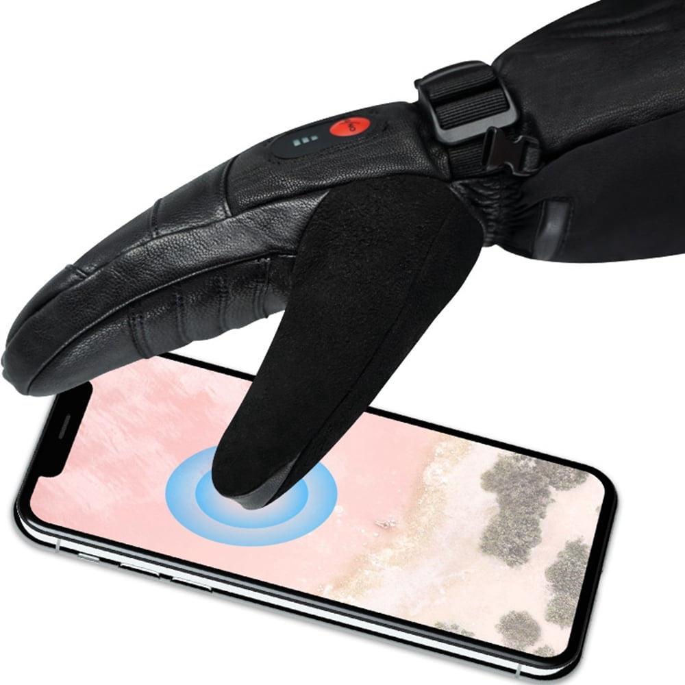 Sun Will Black Leather Waterproof Snow Gloves, Rechargeable Heated Touch Screen Warm Ski Mittens S-2XL