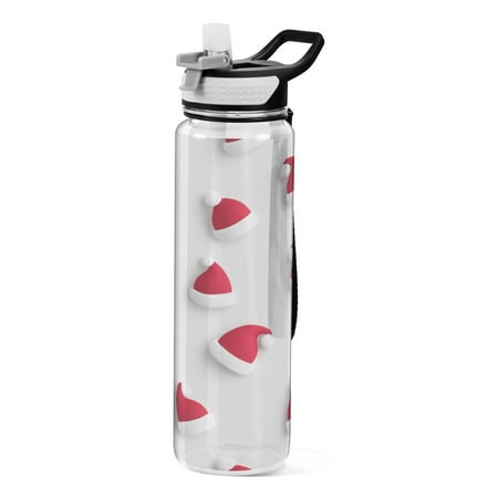 

32oz Transparent Sports Water Bottle with Straw BPA Free Tritan for Kids Adults Outdoor School Gym Fitness Red Santa Claus Pattern