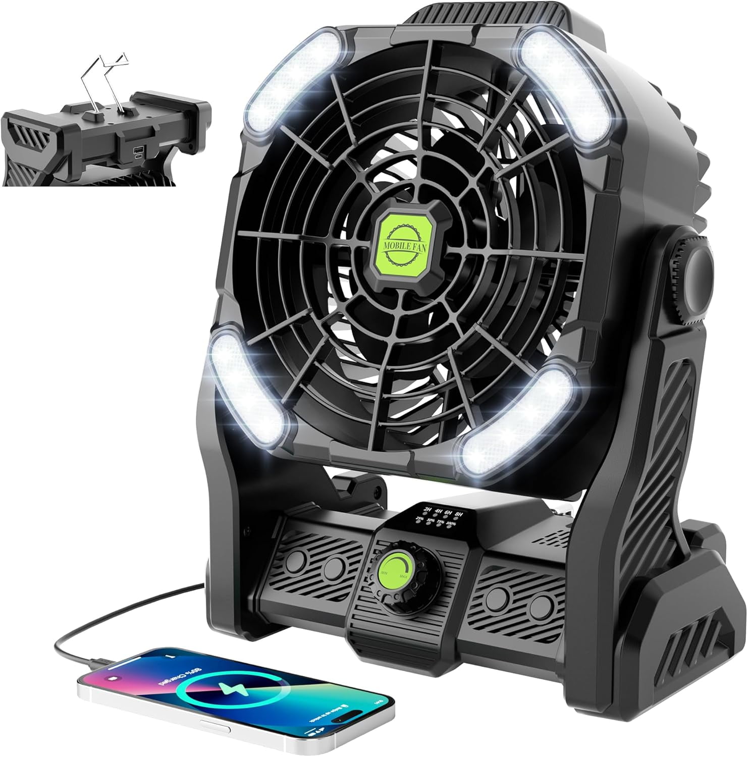 vhibuon 20000mAh Portable Camping Fan Rechargeable Portable fans for Travel Battery Powered Fan with LED Lantern 270° Rotation USB Desk Battery Rechargeable Tent for camping essentials w