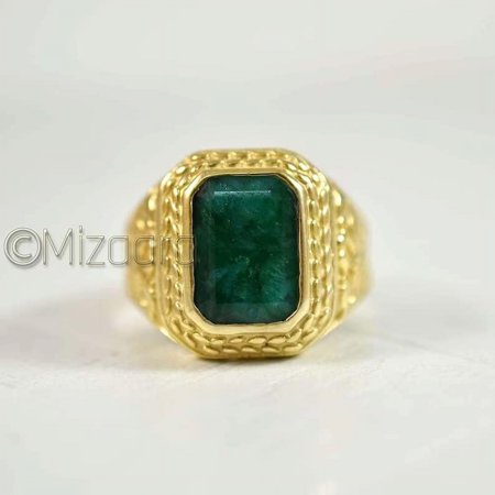Mizaara, Raw Emerald Gold, Sterling Silver, Dragon Ring, Emerald Corundum Ring, Men’s Signet Ring, Yellow Gold Ring, Emerald Gemstone, Husband