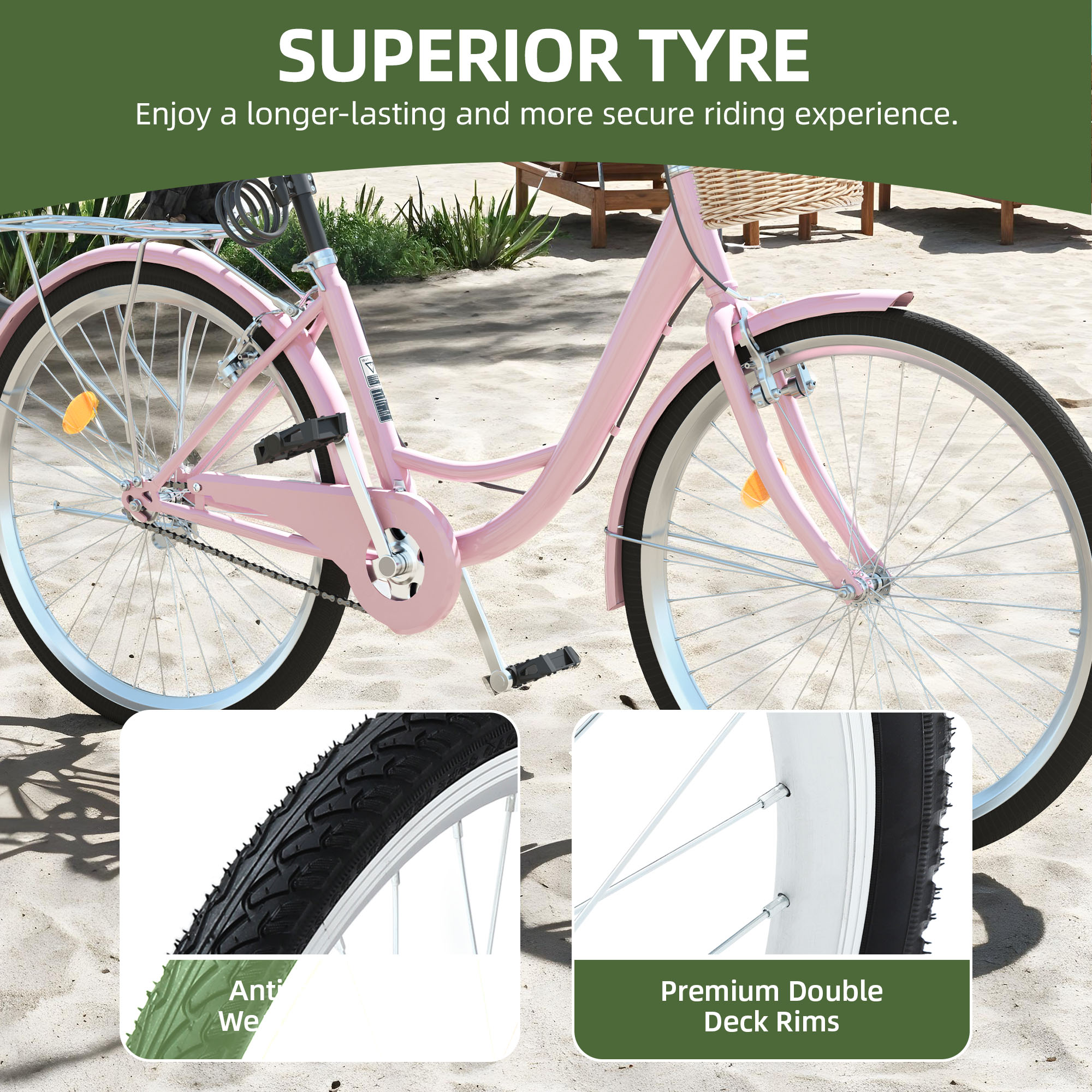 Uforic 26" Beach Cruiser Bike for Women, Adjustable Seat Single-Speed Commuter Bike Bicycle for Adults, Pink