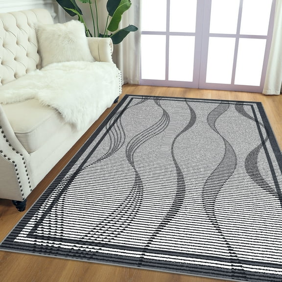 Wondo 4'x6' Abstract Wave Stripe Area Rug - Ultra-Thin Washable Non-Slip Living Room Rug - Soft Modern Minimalist Black Rug for Bedroom, Dining Room, Office, Playroom