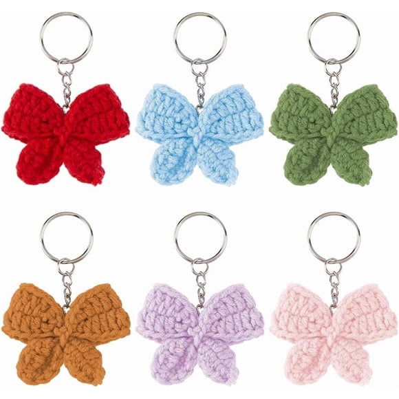 6Pcs Bowknot Keychain Pendant Fibre Bowtie Keychain Mixed Color Bowknot Keyring Key Chains with Iron Rings 80mm Hainging Ornament for Purse Zipper Bag