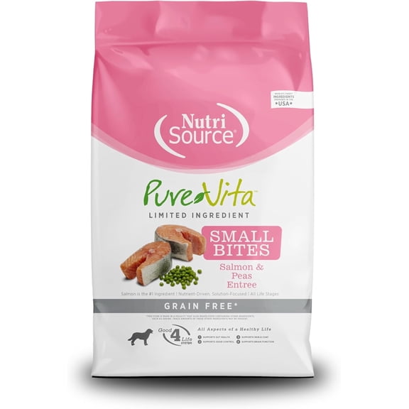 NutriSource Pure Vita Limited Ingredient Grain Free Dry Dog Food, Small Bites, Salmon and Peas, 12LB