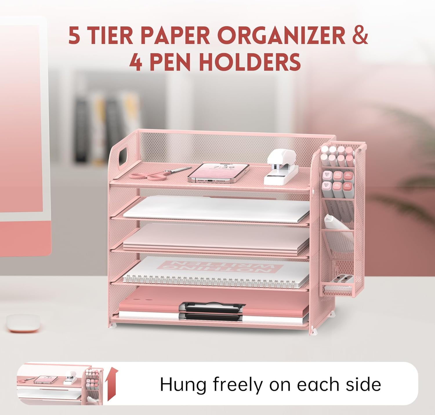 INTIGE 5 Tier Metal Mesh Desk File Organizer with Handle and Pen Holders, Pink, 1 Pcs