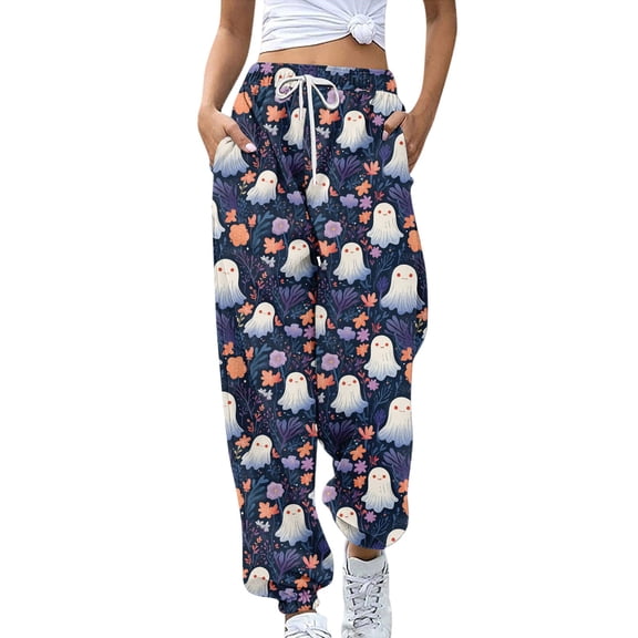 WTOBBY Women's Casual Sweatpants with Retro Halloween Print High Waist Drawstring Elastic Waist Pockets Long Lounge Pants for Sports and Travel,Blue L