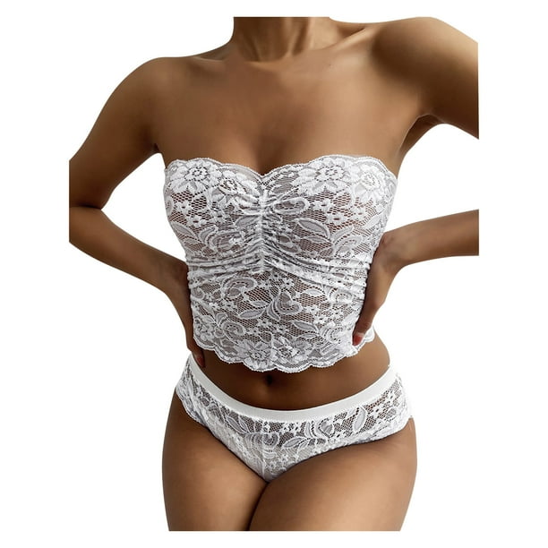 Conjunto de lencería sexy sin tirantes con encaje cruzado en el pecho para mujer - Ropa interior push up, poliéster, color liso, tallas S-XXL, ropa informal para todas las estaciones